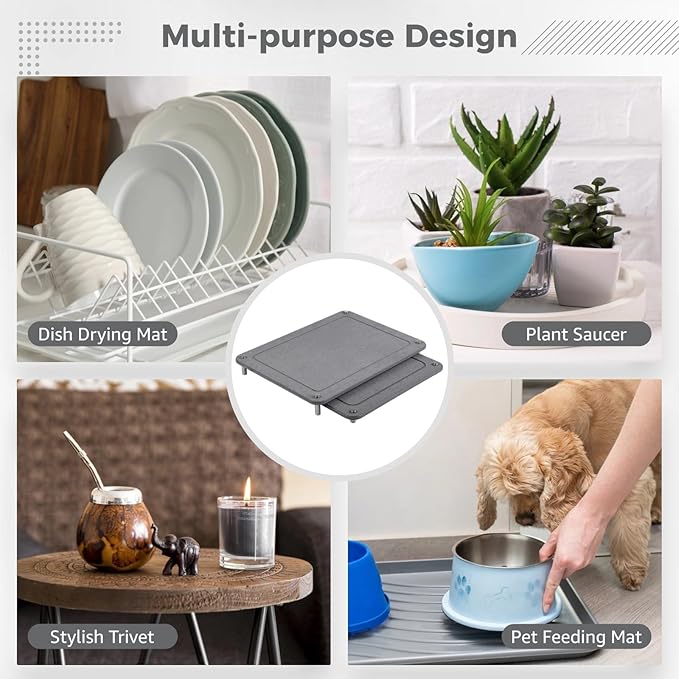 2 Pcs Stone Dish Drying Mats, Nesting Quick Drying Diatomaceous Earth Mats, Self-Absorbent Dish Mats with Non-Slip Feet & Sanding Tools, Stone Dish Racks for Kitchen Counter