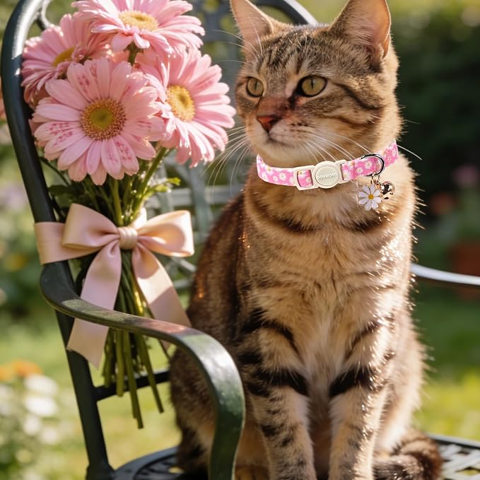 2 Pack Pink Floral Cat Collars Breakaway with Bell, Safety Buckle Daisy Cat Collar for Girl Cats and Small Dogs,Adjustable 7-12 Inch,Pet Supplies Accessories