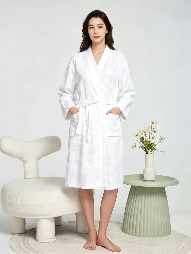 Waffle Robes for Women Knit Cotton Soft Spa Bathrobe | Lightweight Loungewear, Knee Length with Pockets, V Neck, Kimono, Absorbent, Breathable, Removable Belt
