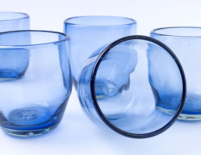 9 oz Hand Blown Mexican Drinking Glasses - Set of 6, 9 fl oz each, Light Cobalt
