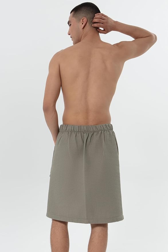 SEYANTE Men's Organic Waffle Spa Wrap – GOTS Certified 100% Turkish Cotton, Adjustable Closure, Same-Color Piping