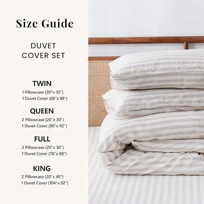 S VICTORY SYMBOL 100% Organic Linen Duvet Cover Set,Yarn Dyed Classic Beige Stripe French Natural Flax Bedding Set,3pcs Farmhouse Comforter Cover Set Full Size