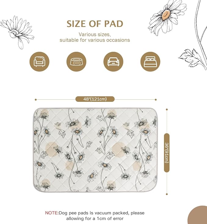 IEUUMLER Washable Pee Pads for Dogs, 2 Pack Non-Slip & Waterproof Pack Whelping Pad, Reusable Washable Puppy Potty Training Pad with Fast Absorbent for Playpen EU007 (Beige Daisy, 36"X48"-2pcs)