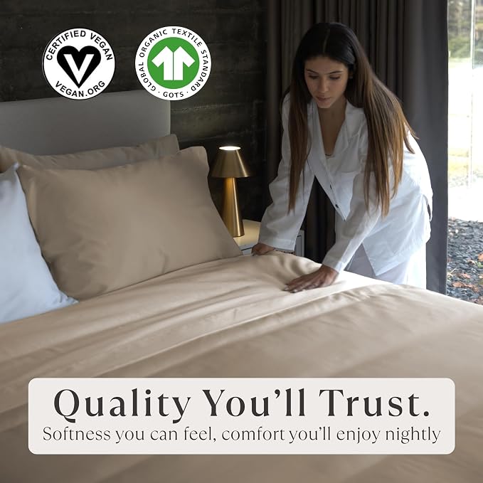 Delilah Home 100% Organic Cotton King Flat Sheet Set, GOTS & Vegan.org Verified, Long Stem 300 TC Sateen Bedding, Non-Synthetic, Deep Pocket Fitted Linen, Lightweight, All-Season, 4 Piece Set - Beige