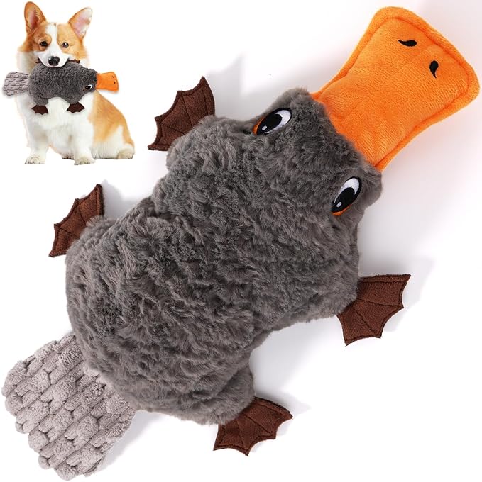 15" Squeaky Platypus Dog Toy - Interactive Dog Toys for Small Dogs, Large Dog Toys & Dog Toys for Medium Dogs, Soft Stuffed Plush Squeaky Dog Toys, Grey