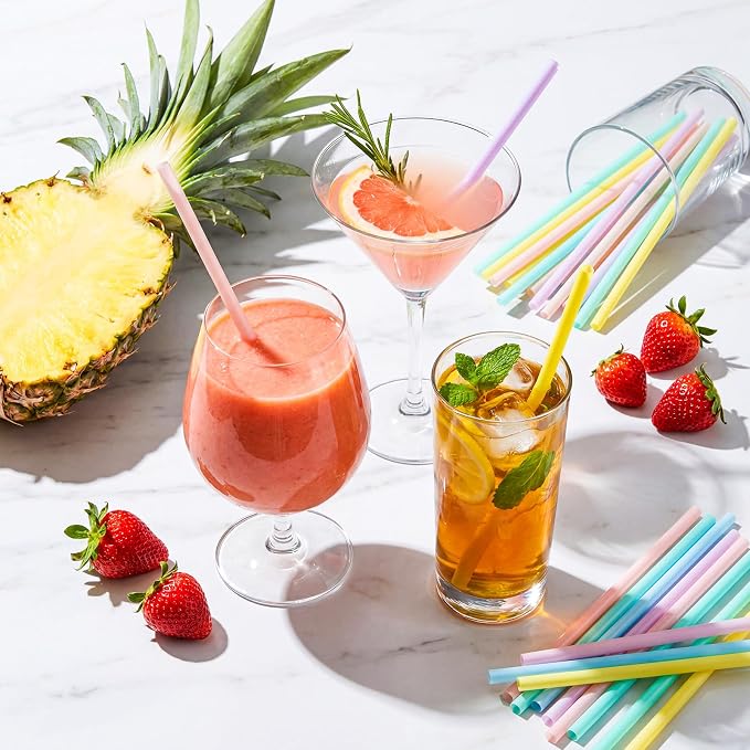Honeydak 60 Pcs Pastel Reusable Straws 9 Inch Hard Plastic Colorful Drinking Straws for Smoothies Boba Beverage Cocktail Home Restaurant Birthday Summer Party Decoration