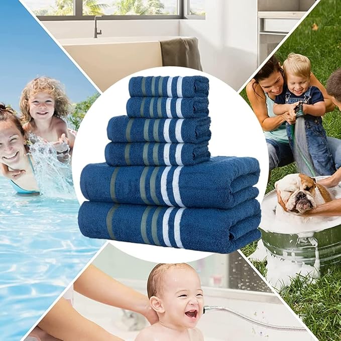 CASA COPENHAGEN Exotic 6Pcs 100% Egyptian Cotton Towels Gift Set- Navy Blue, 550GSM, 2Bath 2Hand 2Washcloths, Towels for Bathroom (Box Pack, Set for Women & Men)