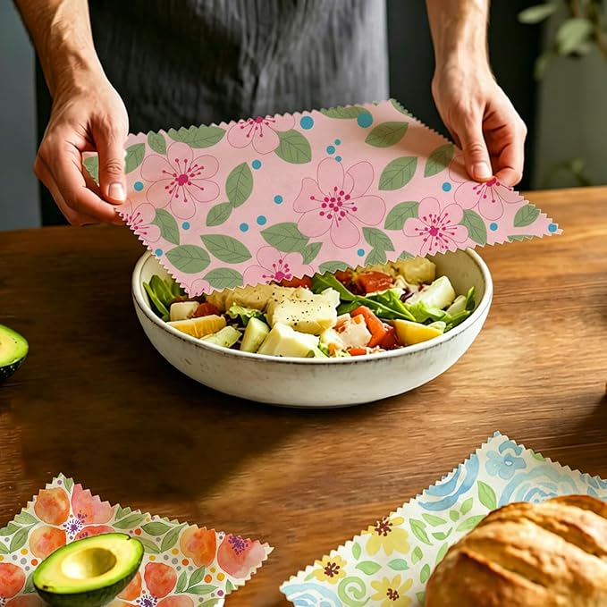 Reusable Beeswax Wraps, 9 Pack, Sandwich Snack Bowl Bread Cover, Organic Sustainable Zero Waste Plastic-Free Food Storage, 1XL 3M 5S, Watercolor Floral Patterns
