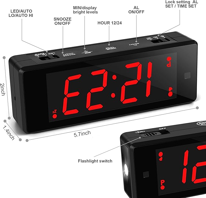 Digital Alarm Clock with Upgraded LED/LCD Display,Digital Clock with Flashlight,Adjustable Brightness,Snooze,Battery Operated Small Travel Clock for Bedroom Bedside (red Display)