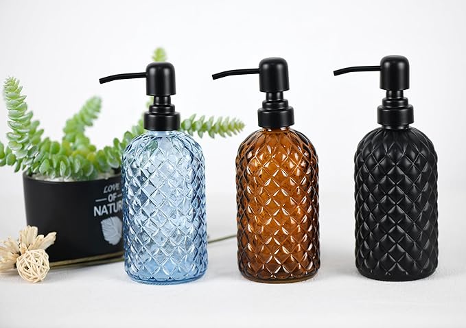 12Oz Glass Soap Dispenser with 304 Black Rustproof Stainless-Steel Pump, Refillable Glass Soap Dispenser for Kitchen, Bathroom, Farmhouse (Amber)