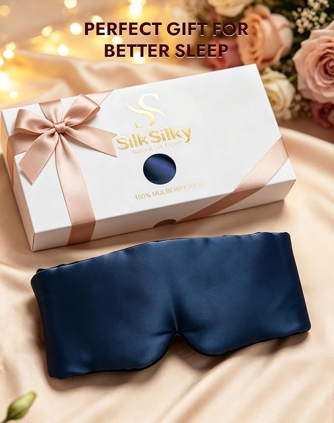 SilkSilky Silk Sleep Mask for Side Sleepers - 22 Momme 100% Mulberry Silk, Wide Face-Hugging 3D Eye Mask for Total Blackout, Zero Pressure & Adjustable Band for Women Men (Dark Blue)