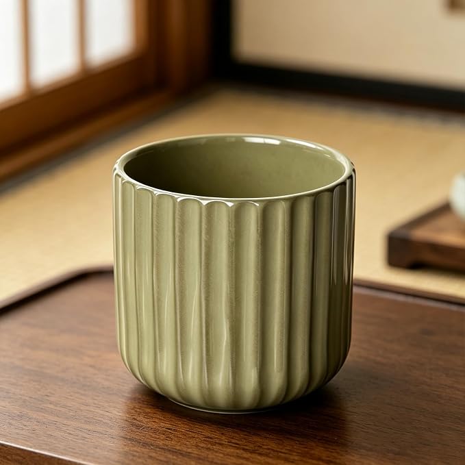 Japanese Ceramic Mug, Vintage Tea Cup 6oz Striped Cup No Handle Drinking Cup for Latte Milk Water Beverage Juice Microwave and Dishwasher Safe, Kiln Transformation Cup (Vintage Green)