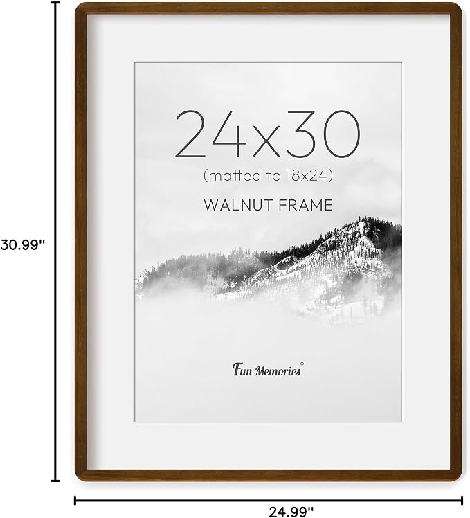 Fun Memories 24x30 Poster Frame with Mat for 18x24 - Solid Walnut Wood Photo Frame, Rounded Corner 24 x 30 Wooden Frame Matted to 18x24 Photo, 24 By 30 Wood Frame with Tempered Glass, Natural Walnut