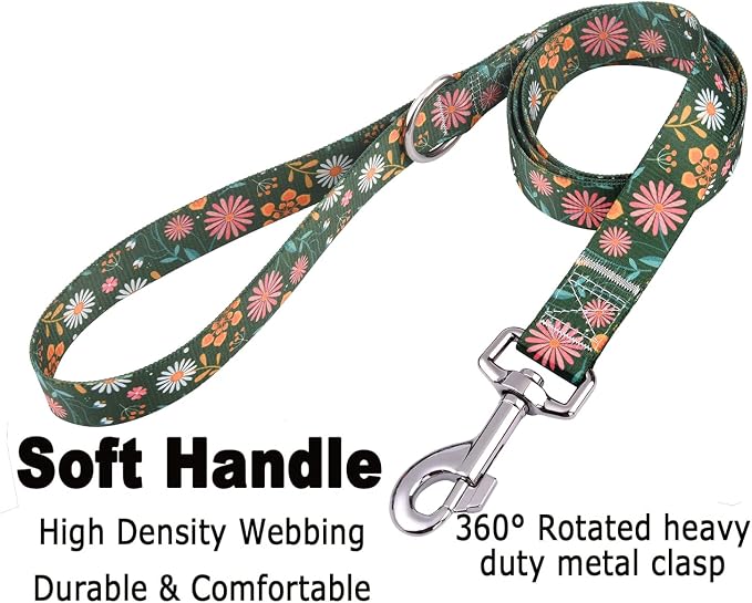 Mihqy Dog Collar and Leash Set with Bohemia Floral Tribal Geometric Patterns - Soft Ethnic Style Collar Adjustable for Small Medium Large Dogs(Dark Green Flower Set,L)
