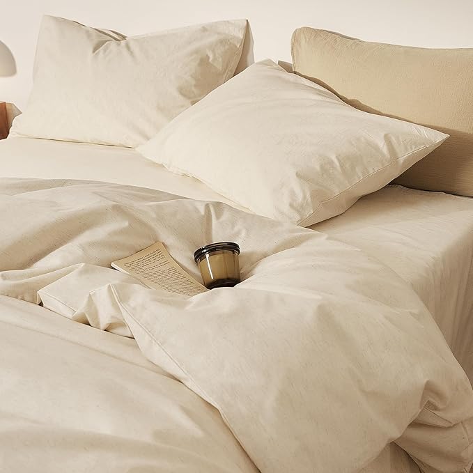 mixinni 3 Piece Washed Cotton Linen Blend Duvet Cover Set King Size, Soft Breathable Farmhouse Beige Neutral Solid Duvet Cover with Natural Linen Texture, 104x90 inches with 2 Pillowcases