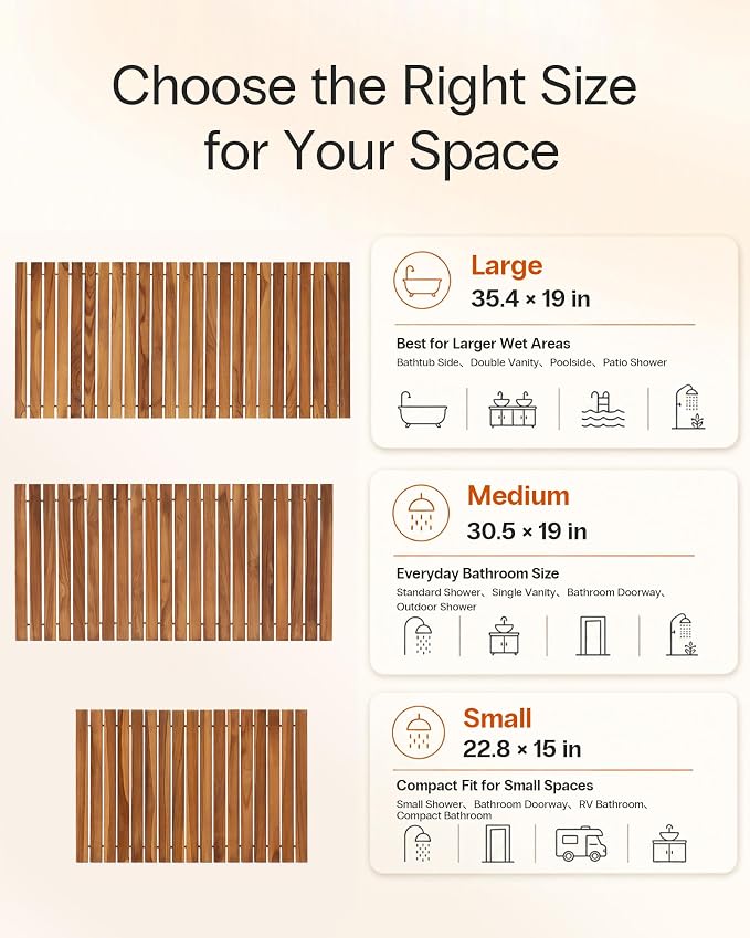 StrongTek Roll Up Teak Bath Mat, Pre-Oiled Wooden Shower Mat with Non-Slip Pads, Teak String Mat for Bathroom, Spa Floor Mat for Tub, Shower & Entry, 22.8 x 15 in