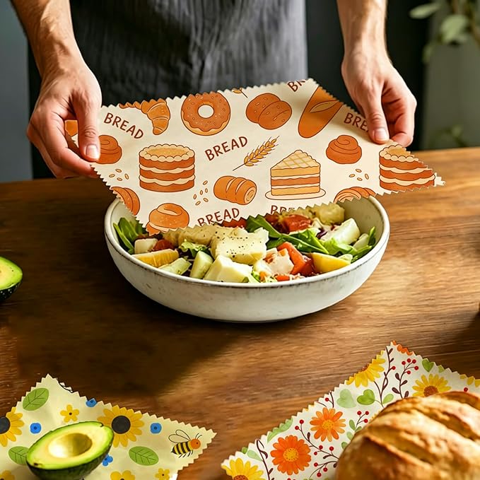 Reusable Beeswax Wraps, 9 Pack, For Sandwich, Bread, Fruit, Bowl, Eco-Friendly, Organic Cotton, Sustainable, Zero Waste, Plastic-Free, 1XL, 3M, 5S, Assorted Bread Floral Bee Patterns