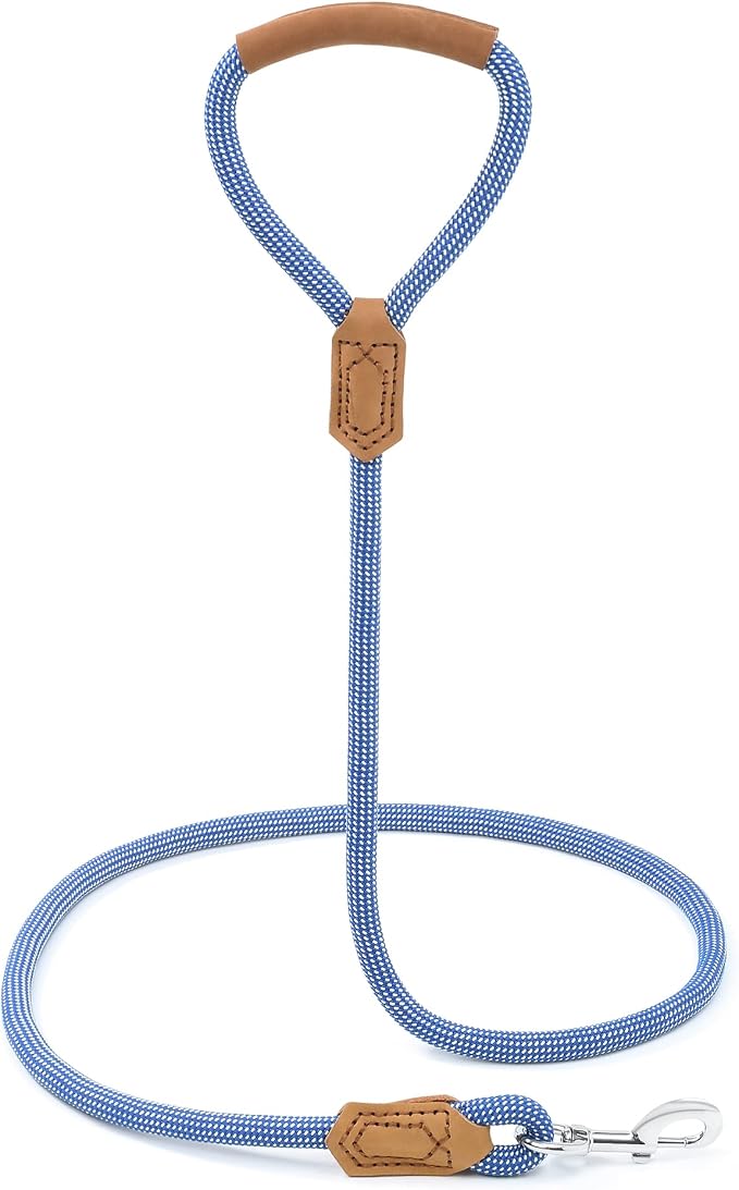 Mile High Life | Premium Leather Dog Leash | Strong Rope Leash | Leather Handle | Zinc Alloy Strong Clasp | Small Medium Large Dogs | 4/5/6 Feet(Blue White, 60 Inch (Pack of 1))