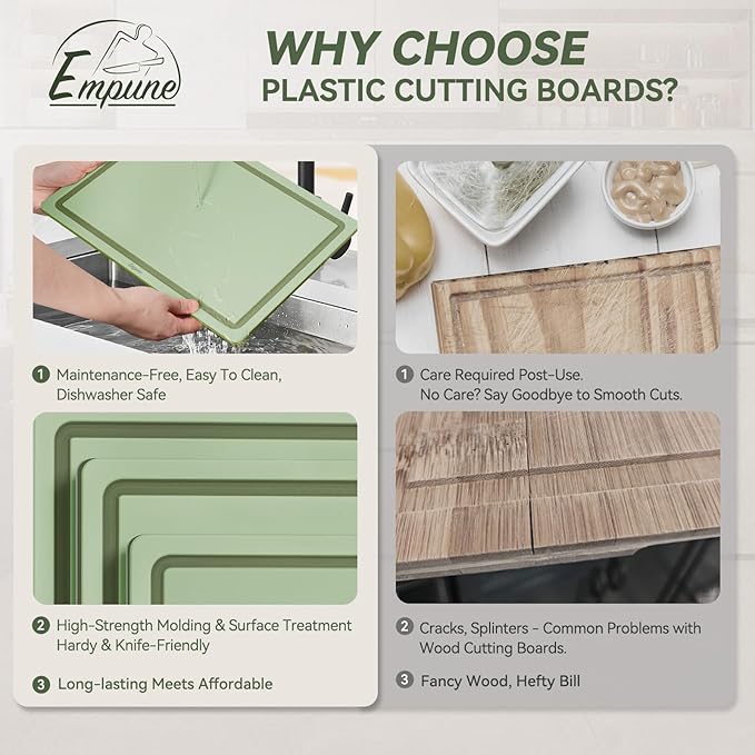 Empune 3-Piece Plastic Cutting Boards for Kitchen - Thick & Non-Slip Chopping Board Set with Juice Grooves, Dishwasher Safe, BPA Free, Includes Large & Small Sizes, Green