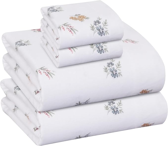 RUVANTI Flannel Sheets King Size - GOTS Certified 100% Organic Cotton, 4 Piece Warm, Soft & Breathable Set, Deep Pocket Snug Fit, Double Brushed Cozy All Season Bedding, Floral