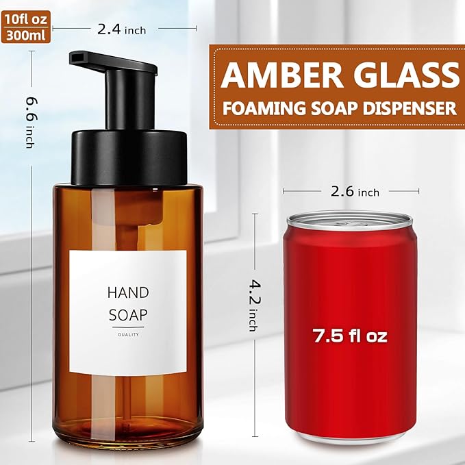 RYTOXILO Amber Foam Soap Dispenser, 10 oz/300ml Glass Foaming Soap Dispenser, 4 Pcs Foaming Hand Dispenser for Bathroom & Kitchen, Refillable Bottle with Waterproof Labels