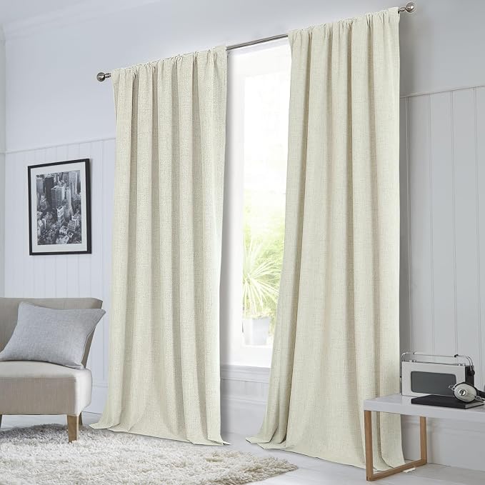 CUCRAF Linen 100% Blackout Curtains 90 Inch Length 2 Panels Set, Back Tab and Rod Pocket Curtain for Living Room Bedroom, Room Darkening Window Drapes Thermal Insulated, (37x90 inch, Light Beige)