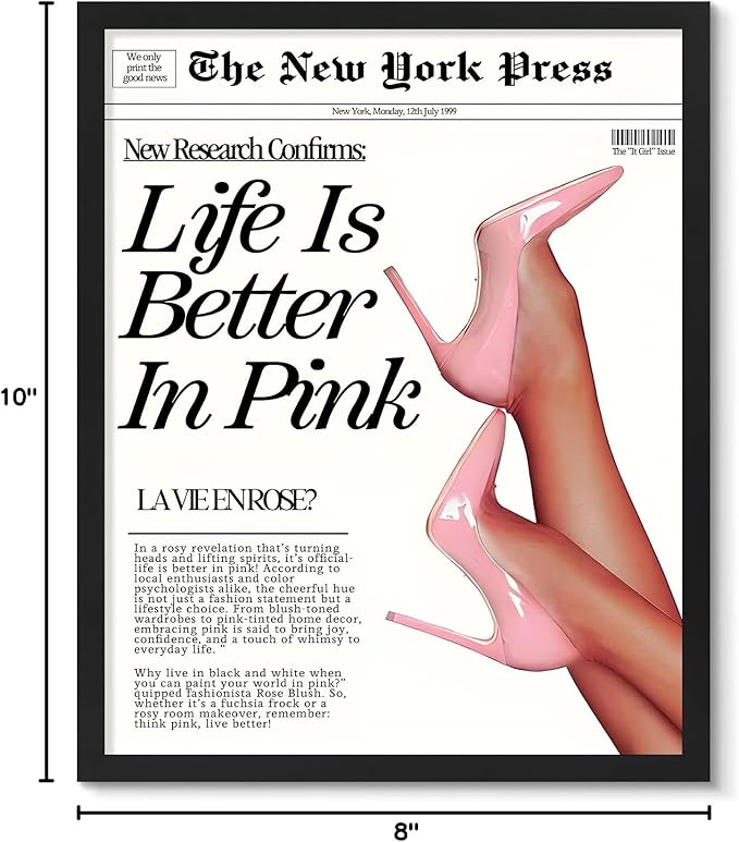Vodefoad Trendy Newspaper Wall Art Prints Life Is Better In Pink Poster Pink Prints For Room Disco Poster for Teen Girly Bedroom Apartment, Bar Cart decor -8x10 Unframed