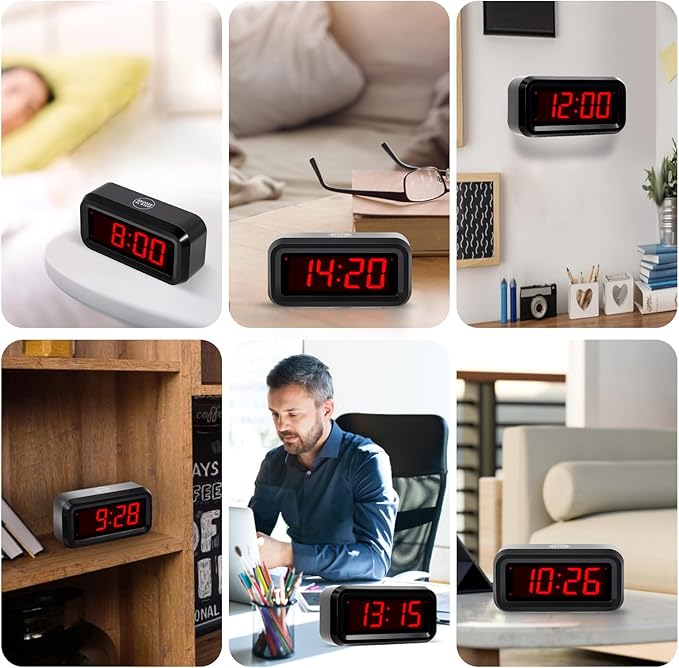 Digital Alarm Clock Battery Operated with LED Display for Bedrooms, Long Battery Life for 12 Months, 3 Brightness Adjustable, 12/24 Hour, Snooze, Black Case with Red Digits