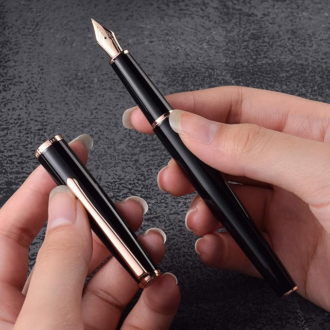 HongDian 920 Black Metal Fountain Pen, Rose Gold Plated Fine Nib Smooth Writing Pen, Classic Pen with Ink Converter