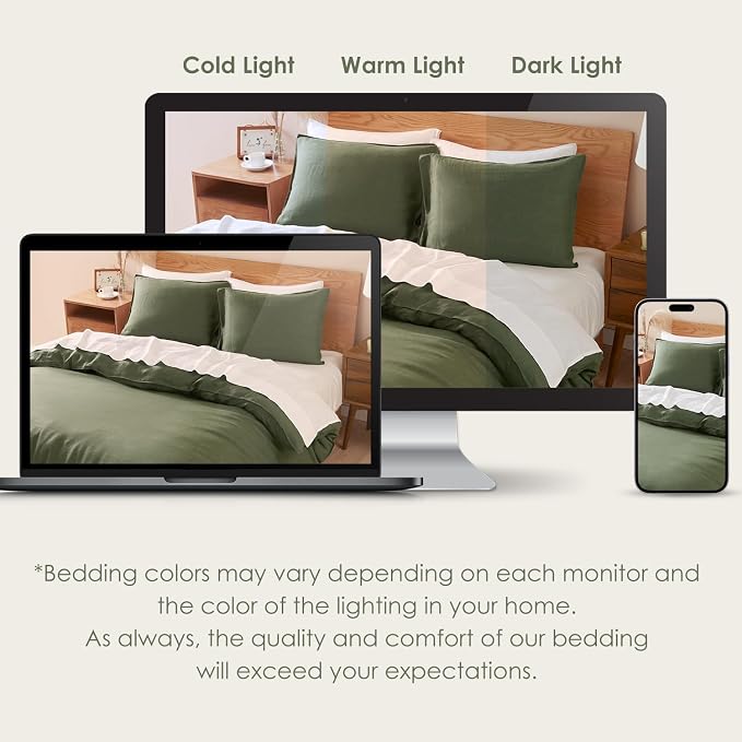 DAPU 100% Linen Olive Green Duvet Cover Set - Pure Natural French Flax Linen with Corner Ties and Zipper Closure Soft Breathable Durable for Hot Sleepers 1 Duvet Cover 2 Pillowcases (King)