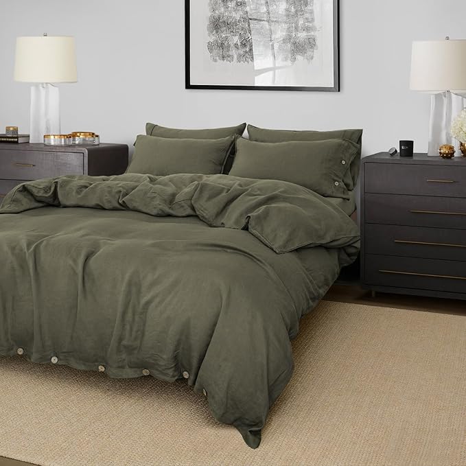 S VICTORY SYMBOL 100% Organic Linen Duvet Cover Set 3PCS Queen Size,Stone Washed French Flax Bedding,1 Comforter Cover and 2 Pillowcases Bedding Set(Burnt Olive)