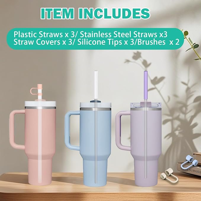 HEYSKAY 6pc Replacement Straws Reusable for Stanley Tumbler 40oz 30oz Metal&Plastic Replacement Straws with Straw Covers,Silicone Tips and Cleaning Brushes