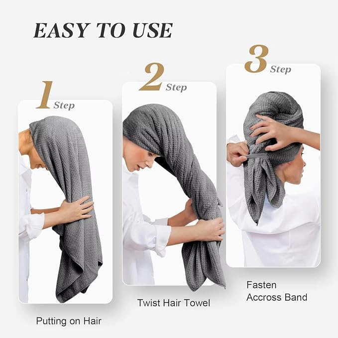 2 Pack Microfiber Hair Towel - 41 x 24 inches Super Soft, Absorbent, Fast Drying Without Frizz Hair Towel Wrap for Women Long, Thick, Curly Hair - Hair Turbans with Elastic Strap