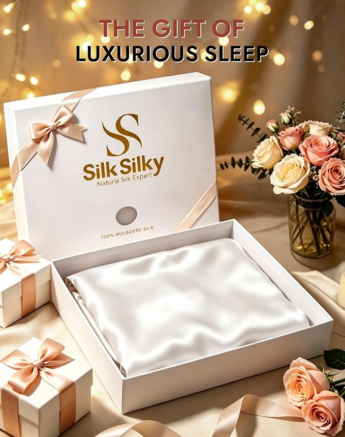 SilkSilky Luxury 30 Momme 100% Pure Organic Mulberry Silk Pillowcase for Hair & Skin, Grade 6A+ Silk Pillow Cases with Hidden Zipper, Cooling Silk for Deep Sleep (Queen 20''x30'', White)