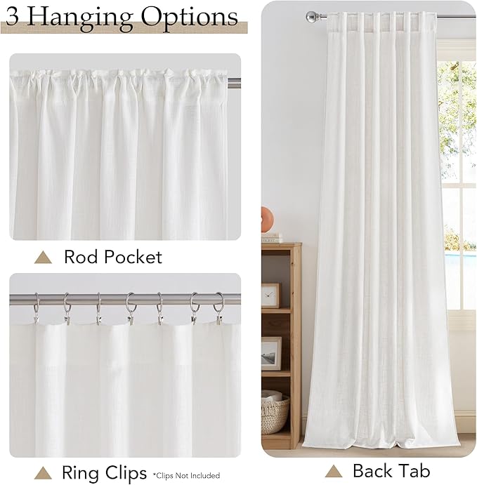 NICETOWN Faux Linen Curtains 84 inch Long 2 Panels Set for Bedroom/Living Room, 55" Wide Snow Wihte Thick Flax Linen Privacy Window Drapes Rod Pocket & Back Tab with Light Filtering, W55 x L84