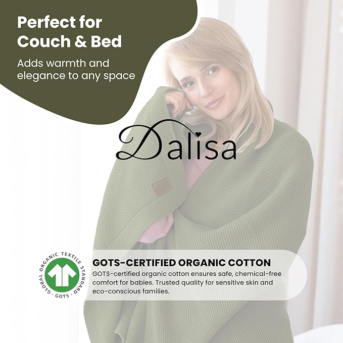 Dalisa 100% Organic Turkish Cotton Throw Blanket - GOTS Certified, Cozy - Perfect for Couch, Bed, and Home Decor - Boho Vintage Knit Alina (Pepper_Green, 60x80)