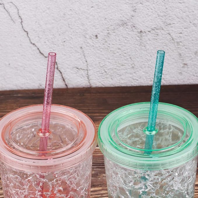 Dakoufish BPA-Free 12 Piece 11 Inch Reusable Clear Plastic Glitter Sparkle Drinking Straw Plus one Cleaning Brush (6color,11inch)