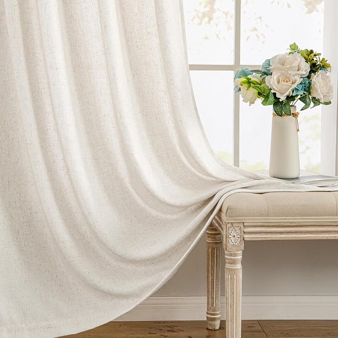 MIULEE Non-See-Through Privacy Linen Curtains 2 Panels, Light Filtering Window Curtains Farmhouse Textured Back Tab Semi Sheer Drapes for Bedroom Living Room, 52 x 80 Inches Long, Natural White