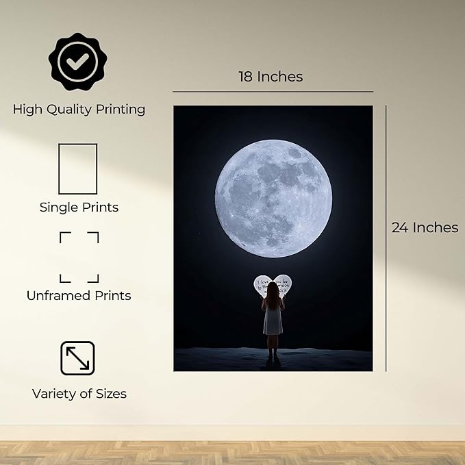 InkFlow Posters Moon and Heart Typography Poster - Romantic Night Sky Illustration - Modern Love Wall Art for Bedroom, Living Room, Home - 18x24 Unframed Canvas Print