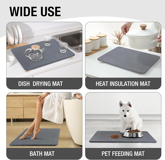 Stone Dish Drying Mat for Kitchen Counter, 16"×12" Quick Dry Super Absorbent Eco-Friendly Diatomaceous Earth Stone Mat with hemisphere wooden feet, Non-slip, Heat Resistant, Multi-purpose mats.