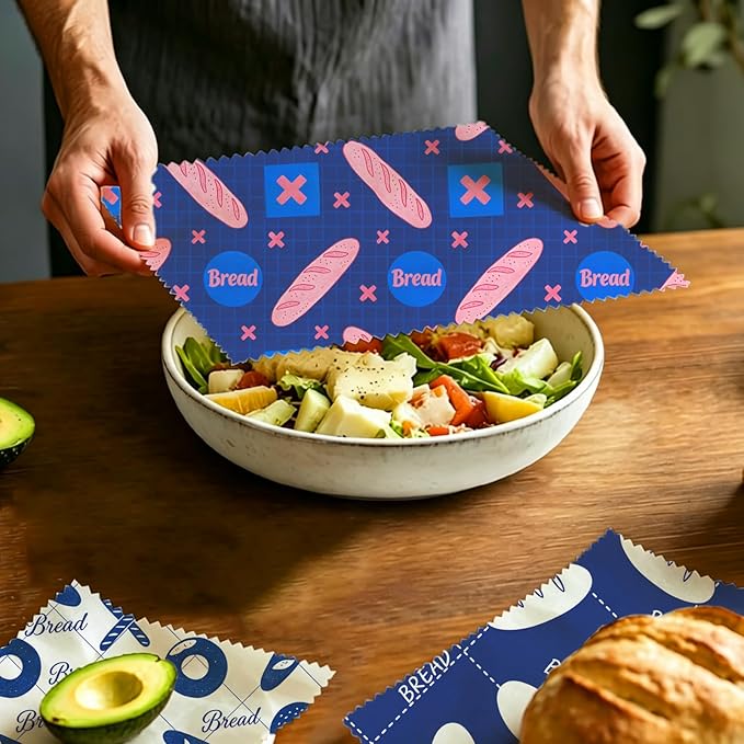 Reusable Beeswax Wraps, 9 Pack Eco-Friendly Food Covers, Organic, Sustainable, Zero Waste, Plastic-Free, For Sandwich, Snack, Bowl, 1XL, 3M, 5S, Assorted Blue & White Bread Bakery Pattern