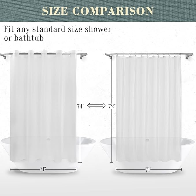 No Hook PEVA Shower Curtain or Liner - 8G Heavy Duty Frosted Bathroom Shower Curtain No Hooks Required, Waterproof Plastic & PVC Free, Standard Size 71 x 74, Frost