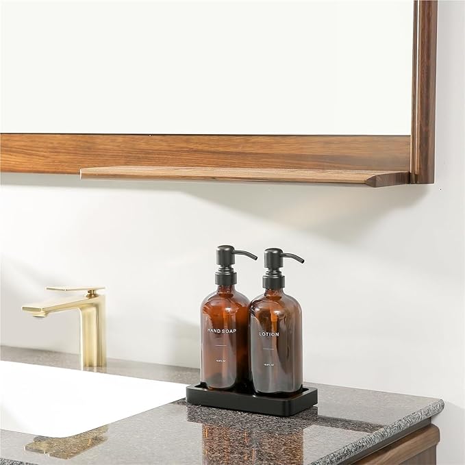 Liquid Dispenser Soap Dispenser Set Glass with Stainless Steel Pump Countertop Soap Bottle(Black Pump+Amber Bottle)