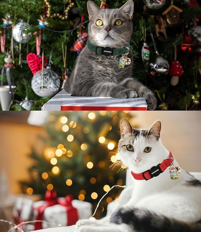 Cat Collar,2 Pack Holiday Cat Collars Breakaway with Bell, DOGWONG Safety Buckle Red Green Christmas Cat Collar for Girl Boy Cats and Small Dogs,Adjustable 7-12 Inch,Pet Supplies Accessories