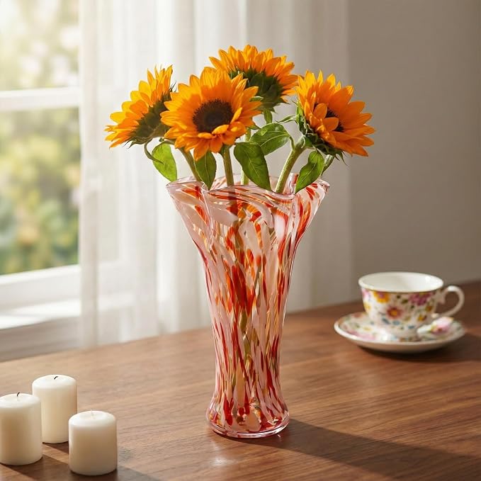 9.0" H Red Glass Vases for Flowers, Unique Hand Blown Glass Vase Home Decor, Wide Mouth Colorful Flower Vase Centerpieces, for Living Room Table Bookshelf, Bathroom Office Shelf Decorative (Red)