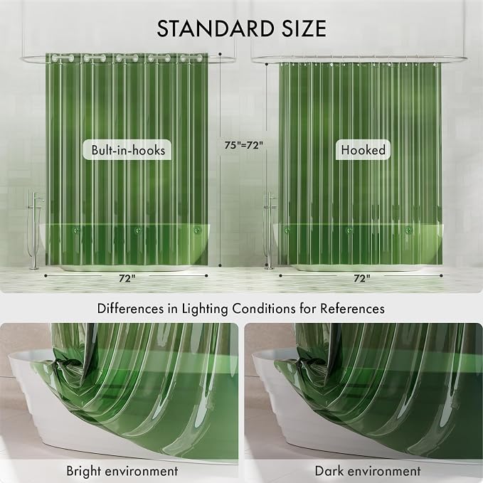 AmazerBath No Hook Shower Curtain Liner, 100% EVA Heavy Duty Hookless Shower Curtain and Liner 3-in-1, 72x75 Luxury Soft Shower Liner with 3 Heavyweight Stones, Clear Green