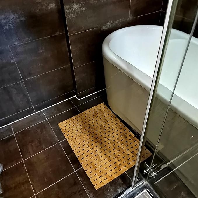 HJJKKH Bath Mat, Wooden Bathroom Mat Rayon Derived from Bamboo 27.6"x19.7", Foldable Non-Slip Floor Mat, Wooden Shower Mat for Bathroom, Bathtub, Spa, Sauna, Hot Tub & Outdoor Use