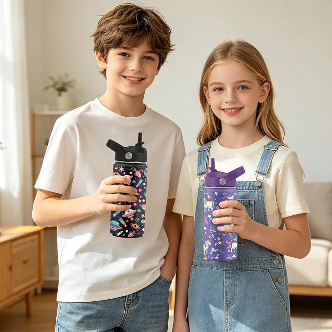16 oz Water Bottle with Straw Lid, 2 Pack Set, Space Unicorn Gifts for Boys Girls, Stainless Steel Insulated Water Bottles for School Travel Outdoor Sports, Cute Universe Unicorn Cups