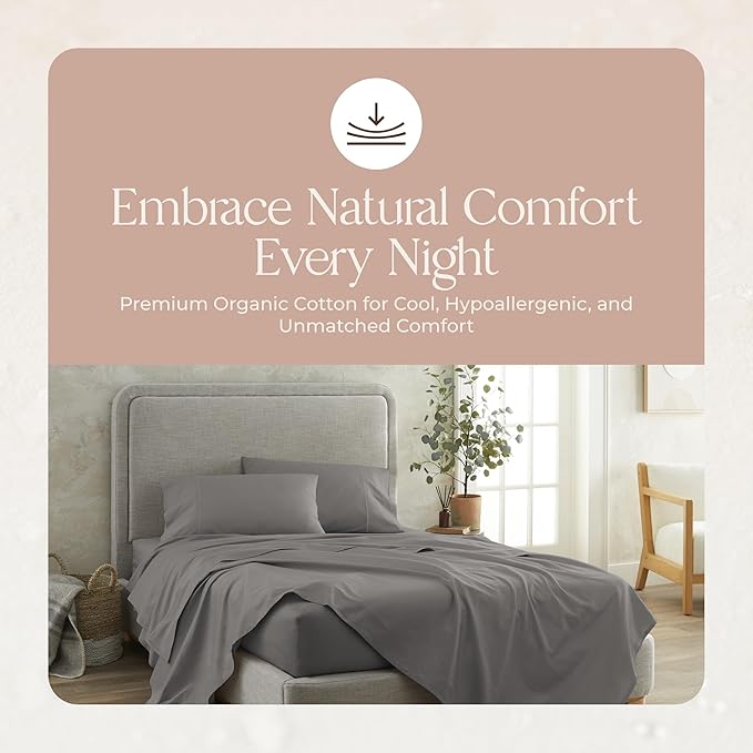 100% Organic Cotton Sheets Twin Size - GOTS Certified Organic Bed Sheets with Deep Pocket 300 Thread Count & Cozy Sateen Weave Gets Softer with Each Wash - Luxury 3 Piece Set (Stone, Twin)