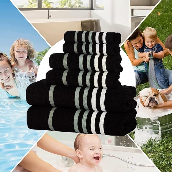 CASA COPENHAGEN Exotic 6Pcs 100% Egyptian Cotton Designer Towels Gift Set- Black,550GSM,2Bath2Hand2Washcloths,Bath Towels for Bathroom (Box Pack,Gift Ribbon Set for Women & Men)
